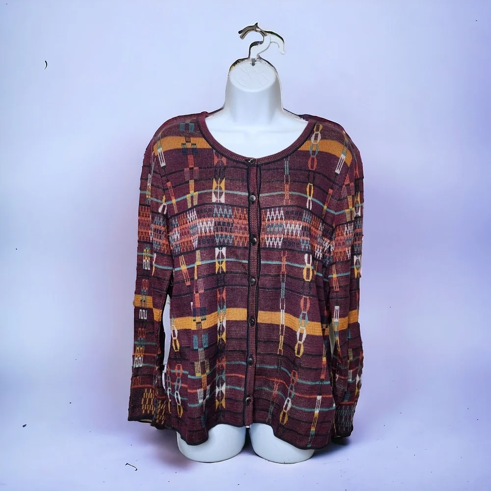 Peruvian Connection Maroon Geometric Print Cardigan - Picture 1 of 7